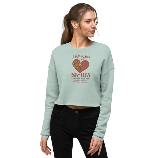 Dusty blue cropped sweatshirt with raw hem and Sicilia graphic in rust orange on front. - Ciao Cult - Black / S