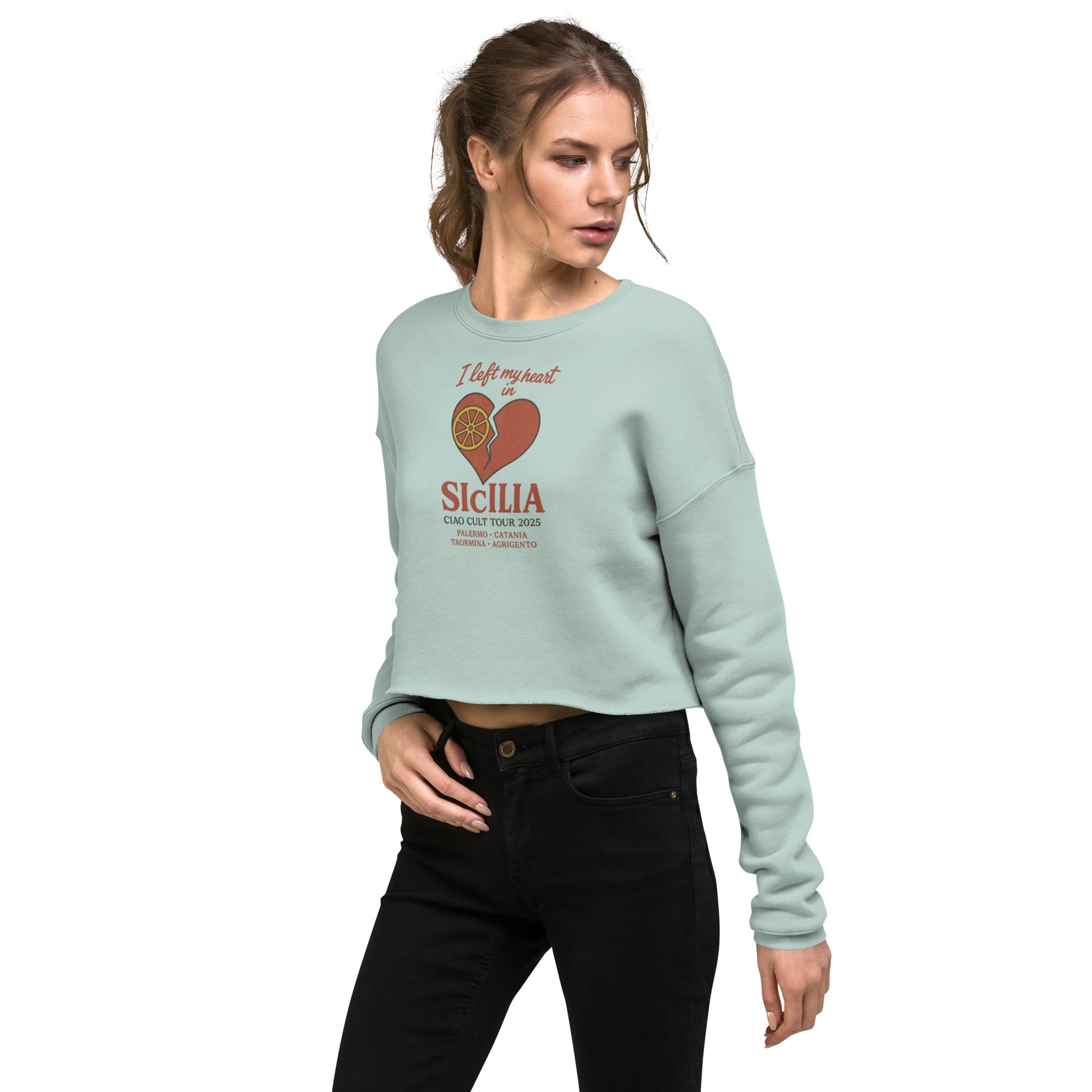 Dusty blue cropped sweatshirt with raw hem, heart and Sicilia graphic, soft fleece fabric. - Ciao Cult - Black / S