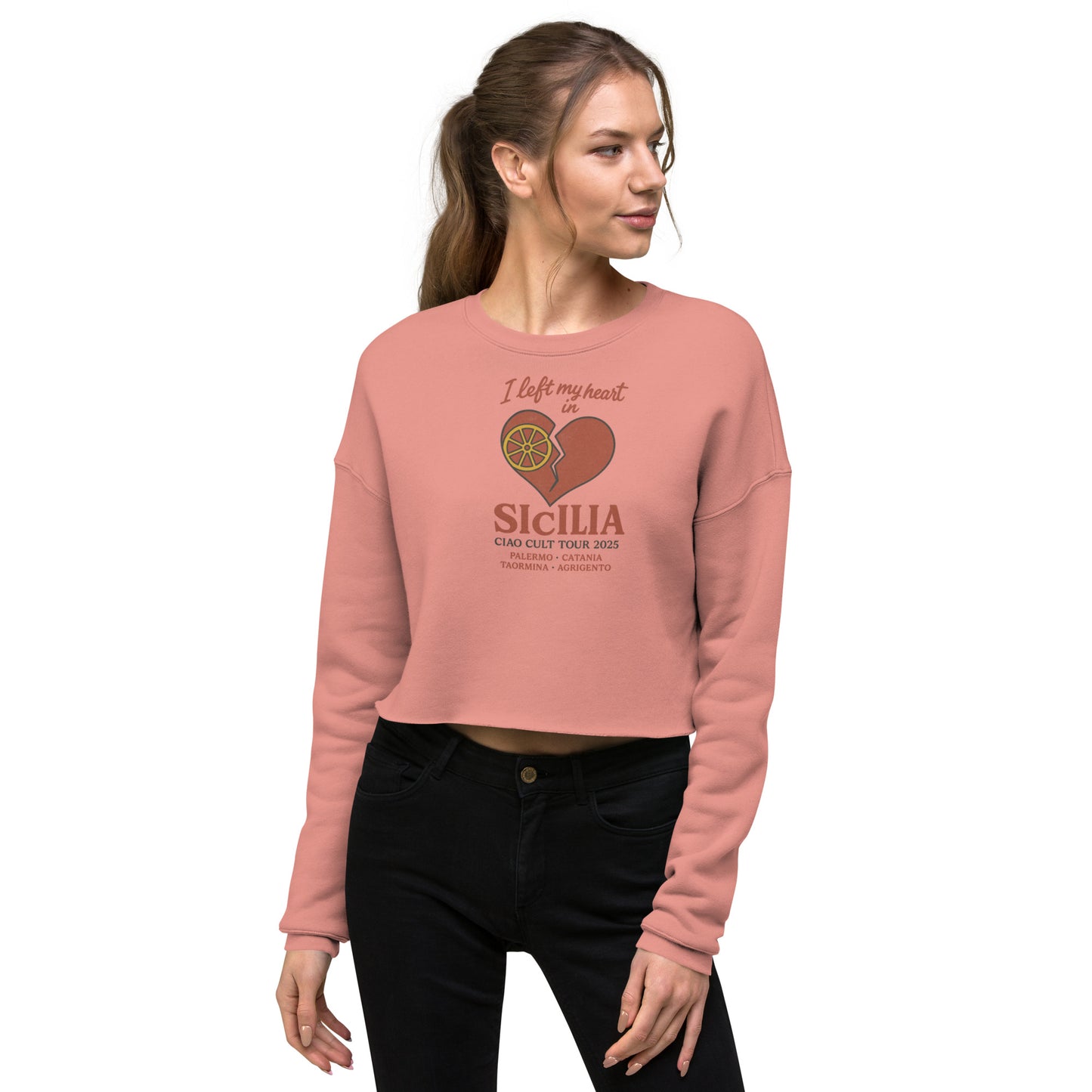 Mauve cropped sweatshirt with raw hem and Sicilia heart graphic on front, worn with black pants. - Ciao Cult - Black / S