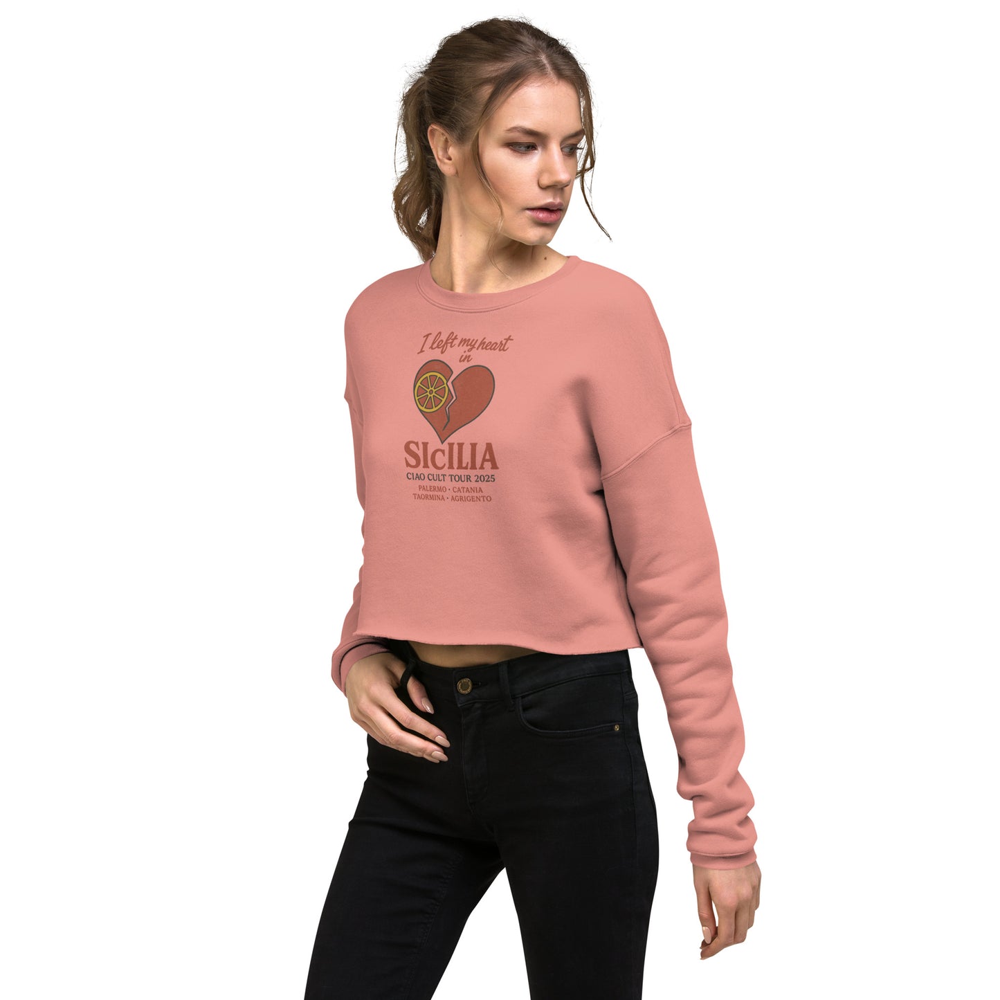Mauve cropped sweatshirt with raw hem, Sicilia heart graphic, and long sleeves. - Ciao Cult - Black / S
