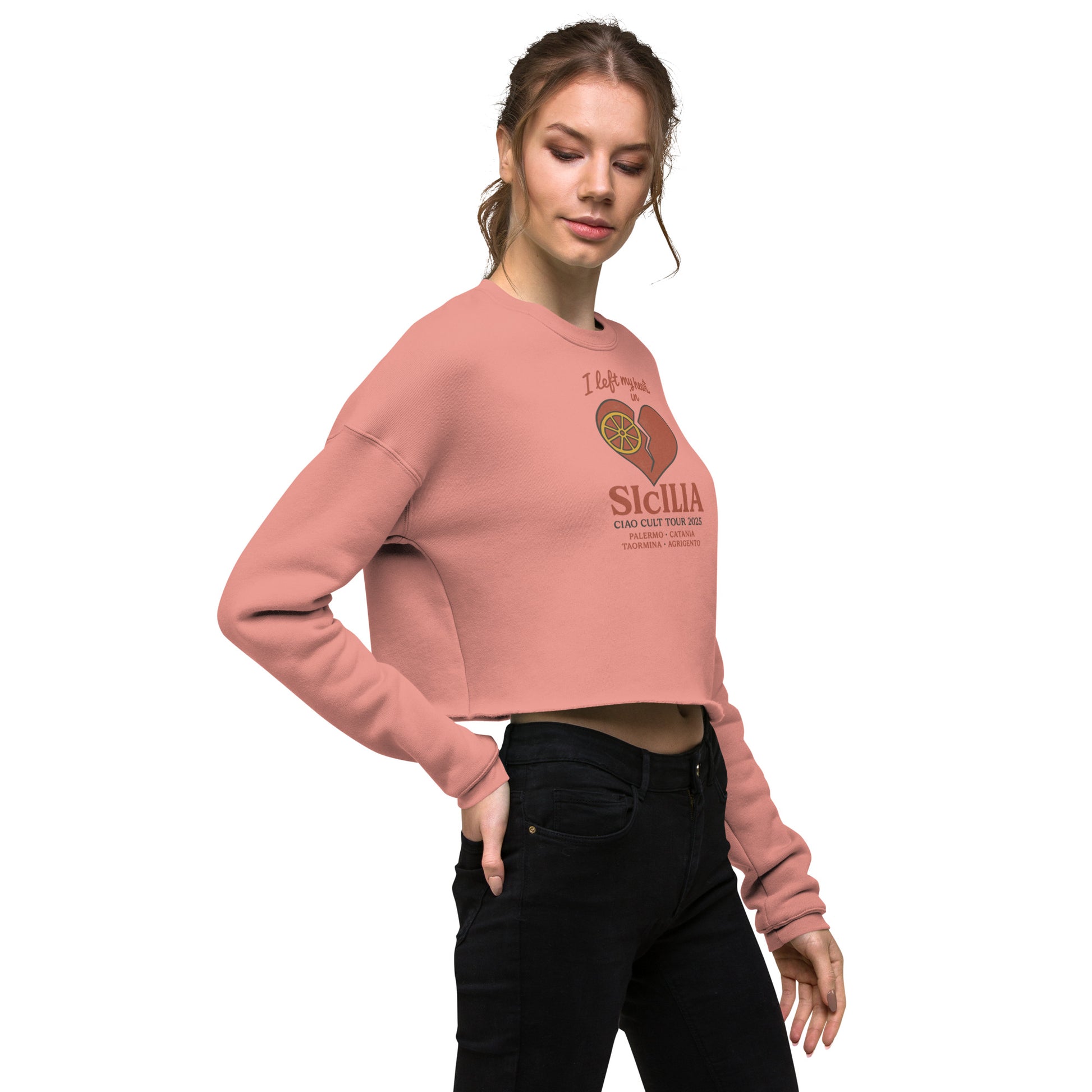 Mauve cropped sweatshirt with raw hem and Sicilia graphic on front, soft fleece fabric. - Ciao Cult - Black / S