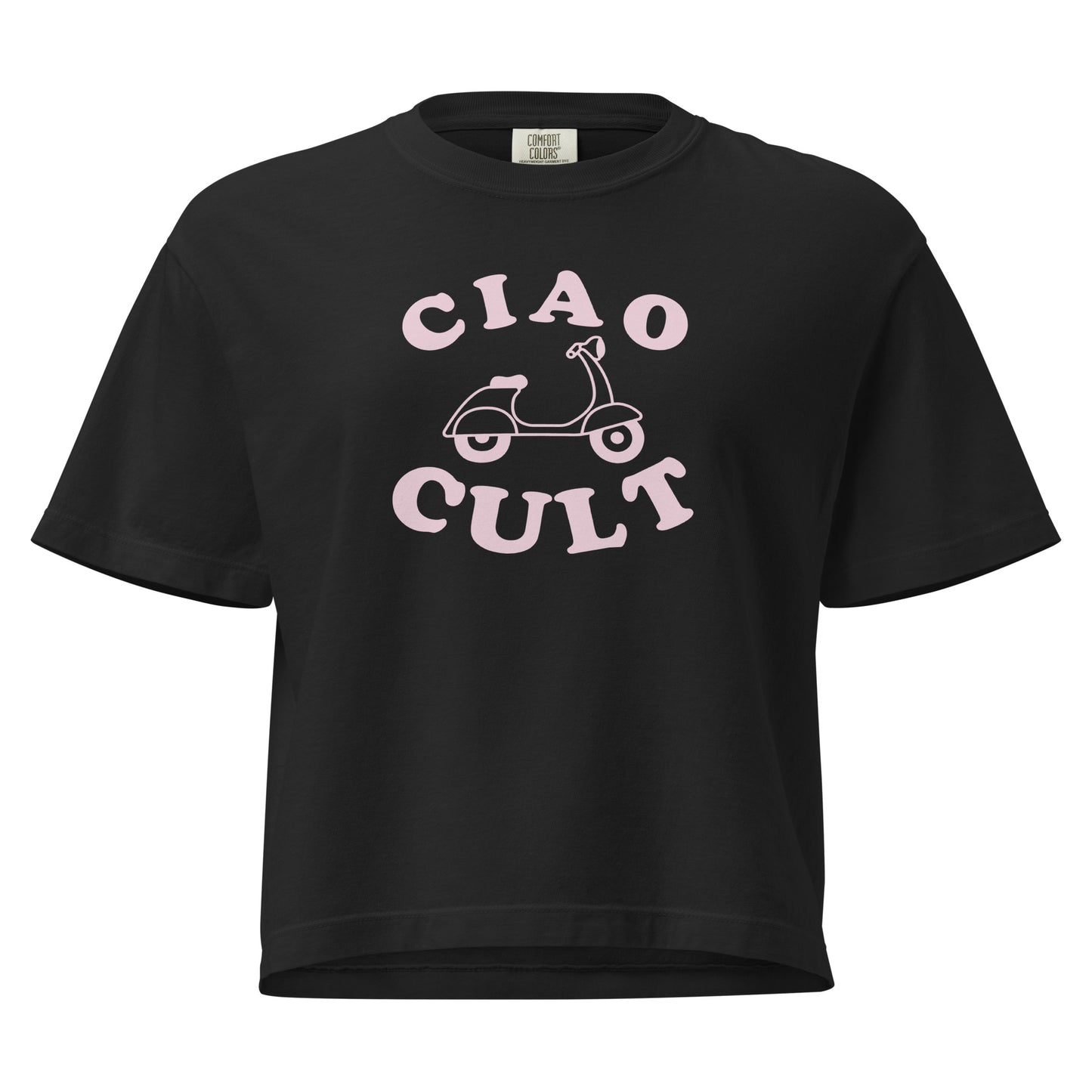 Black boxy tee with pink "CIAO CULT" text and Vespa scooter graphic on front. - Ciao Cult - S