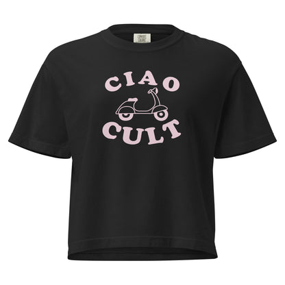 Black boxy tee with pink "CIAO CULT" text and Vespa scooter graphic on front. - Ciao Cult - S